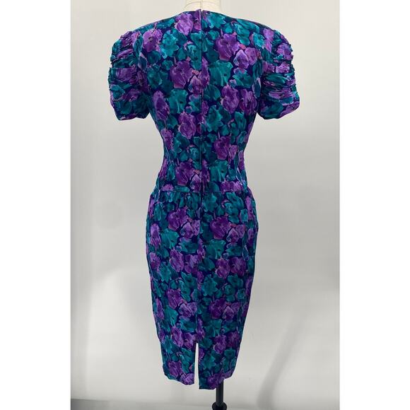 Vintage 80s Maggy London Silk Dress Ruched Sleeves Floral Printed Blue Womens 6 - Picture 9 of 10